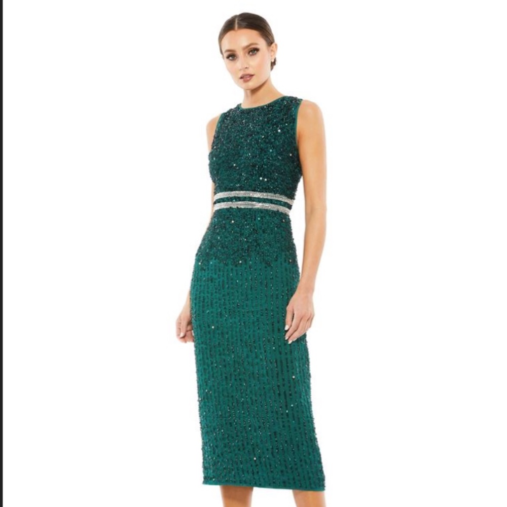 MAC DUGGAL 10509 Sleeveless High Neck Beaded Midi Sheath Dress Green 12 NEW